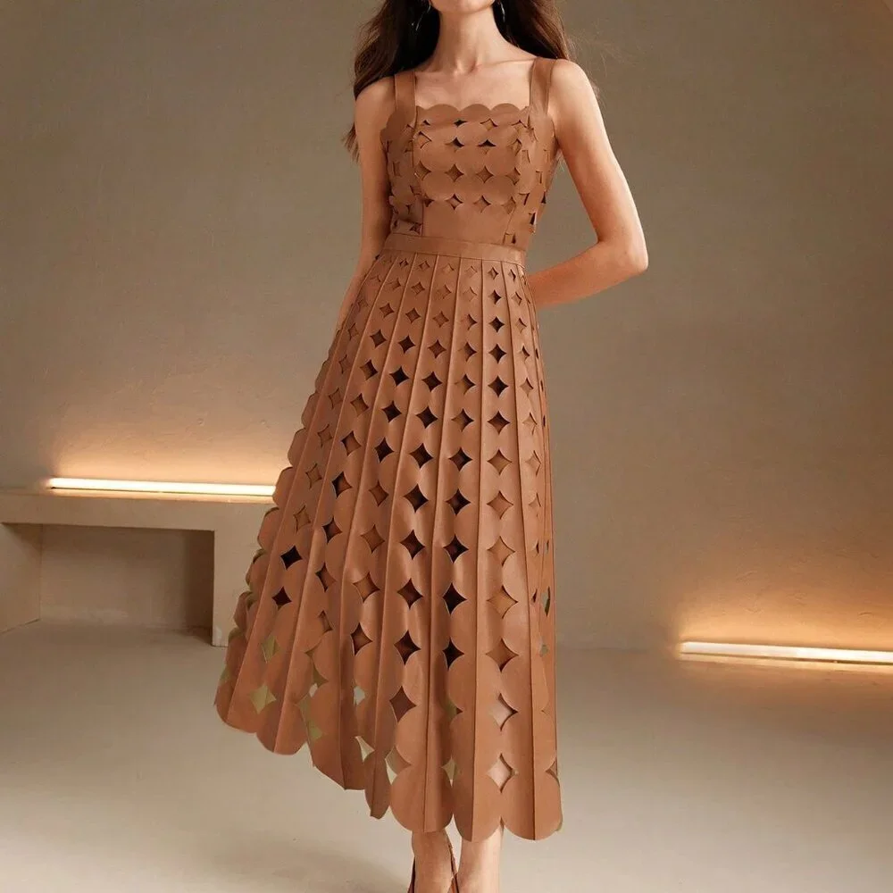 Khaki Elegant Women's Faux Leather Laser Party maxi Dress - Picture 3 of 7